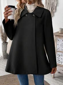 女式纯色前扣长袖休闲夹克，日常穿着 - 黑色 - 查看 3