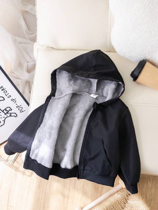 SHEIN Chaqueta con capucha para niño/niña pequeño(a), de uso casual y cómodo, con forro térmico grueso, versátil para ir y venir, escuela, hogar, ocio, juegos al aire libre, jardín de infancia