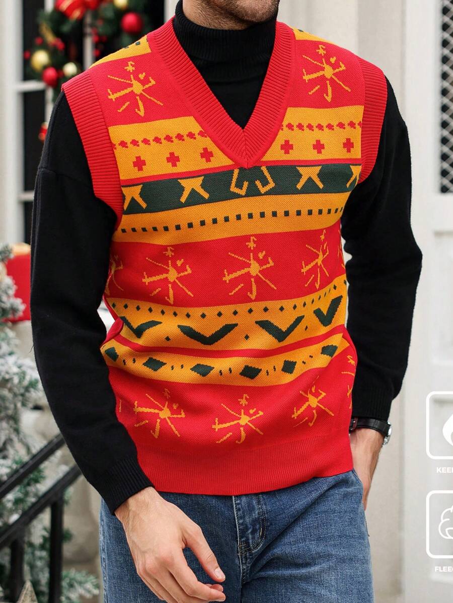 Manfinity Homme 男士几何图案V领休闲针织背心，秋冬 - 彩色 - 查看 1