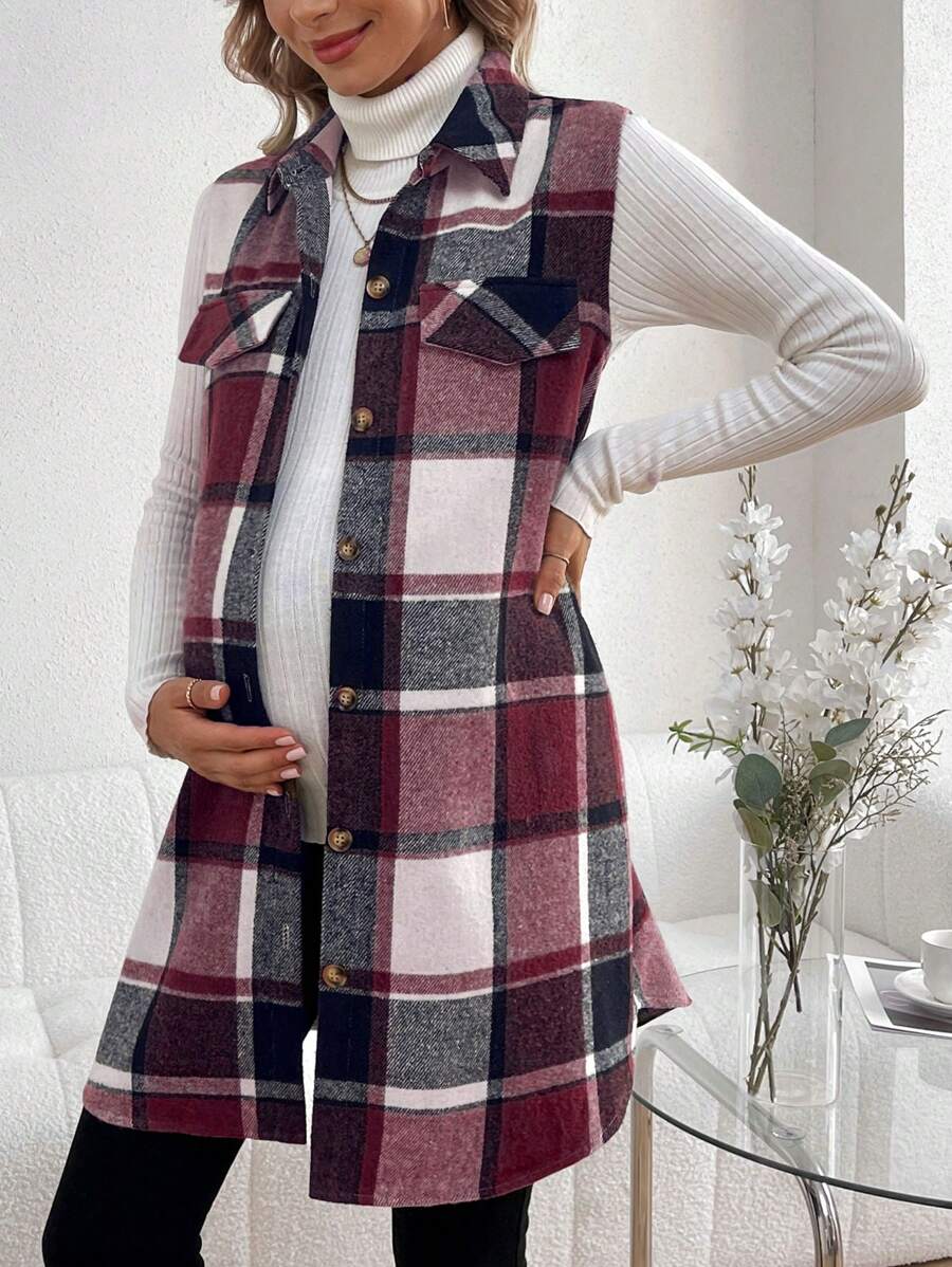 SHEIN Jaket Tanpa Lengan Kasual Kancing Depan Motif Kotak-kotak untuk Wanita Hamil, Untuk Ibu Hamil - Redwood - View 1