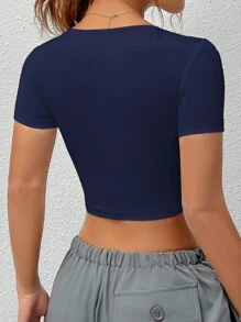 SHEIN EZwear Áo thun cổ vuông liền mạch cơ bản ngắn dệt kim dành cho nữ - Màu xanh hải quân - Xem 2