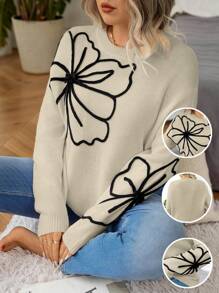 EMERY ROSE Plus Size Round Neck Long Sleeve Floral Pattern Detail Minimalist Casual Pullover Sweater, For Winter Knit Pullover Fall Sweater - Apricot - View 1