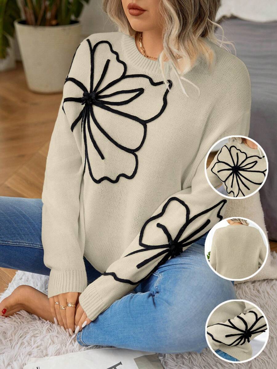 EMERY ROSE Plus Size Round Neck Long Sleeve Floral Pattern Detail Minimalist Casual Pullover Sweater, For Winter Knit Pullover Fall Sweater - Apricot - View 1
