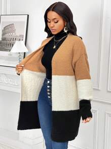 SHEIN Lady Women's Black And Cream Fuzzy Sweater Cardigan,Contrast Color Wide Stripe Long Sleeve Casual Commuting Outfits For Autumn,Winter Occasion Clothes - Multicolor - View 5