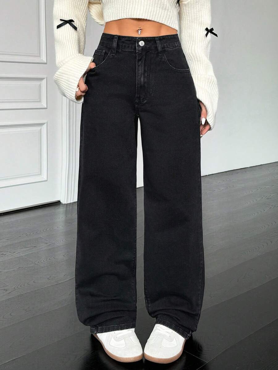 SHEIN PETITE 女式休闲宽腿口袋宽松牛仔裤 - 黑色 - 查看 1