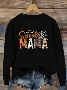 INAWLY Áo thun nữ cổ tròn dài tay in chữ thường ngày - màu đen - Xem 1