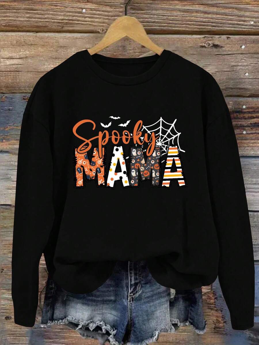 INAWLY Áo thun nữ cổ tròn dài tay in chữ thường ngày - màu đen - Xem 1