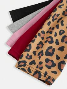 SHEIN Leap Crew 5pcs/Pack Tween Girls Casual Sports Basics Fitted Solid & Leopard Print Leggings - Multicolor - View 4