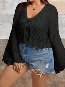 SHEIN VCAY 大码纯色镂空针织喇叭袖开衫，休闲，秋季 - 黑色 - 查看 6
