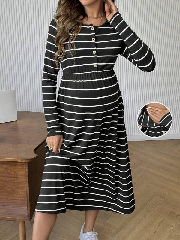 SHEIN Rochie De Alăptare, Decontractată, Cu Manecă Lungă, Imprimă în dungi, Nasturi în față, Decolteu Rotund, Pentru Maternitate