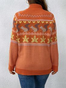 SHEIN LUNE Plus Size Women's Squirrel Pattern Crew Neck Raglan Sleeve Casual Pullover Sweater, Autumn/Winter Knit Pullover Fall Sweater - Orange - View 2