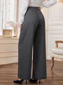 Modelyn Women's Solid Color Covered Button High Waist Straight Loose Elegant Pants Fall Cloth For Women - Dark Grey - View 3