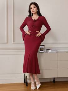 Modelyn Damen Langarm Rüschen 3D Blumen Raffung Kleid