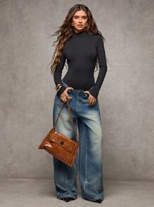 SHEIN BAE 女士长袖性感镂空紧身衣 - 黑色 - 查看 2