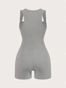 SHEIN BASICS 2 件套女士休闲纯色针织紧身丁字背连体衣 - 灰色 - 查看 3