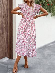 Breezaya Vestido casual de mujer con cuello en V, manga corta y estampado floral