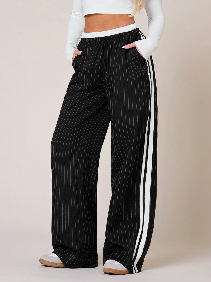 SHEIN SXY Quần áo mùa thu cho phụ nữ; Quần áo công sở cho phụ nữ; Quần áo mùa thu đông lạnh in họa tiết sọc cho phụ nữ, quần dài thường ngày có túi chun ở eo - màu đen - Xem 1