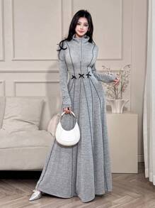 Feyla 女式优雅蝴蝶结装饰拼色边饰端庄长袖阿拉伯长裙，适合秋季 - 灰色 - 查看 6