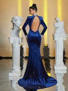 Glamrae Elegante vestido de noche de cola de pez con espalda abierta, de cuello alto con diamantes de imitación y perlas incrustados, de manga larga, de terciopelo de lujo, para invitados de boda, graduación, cena