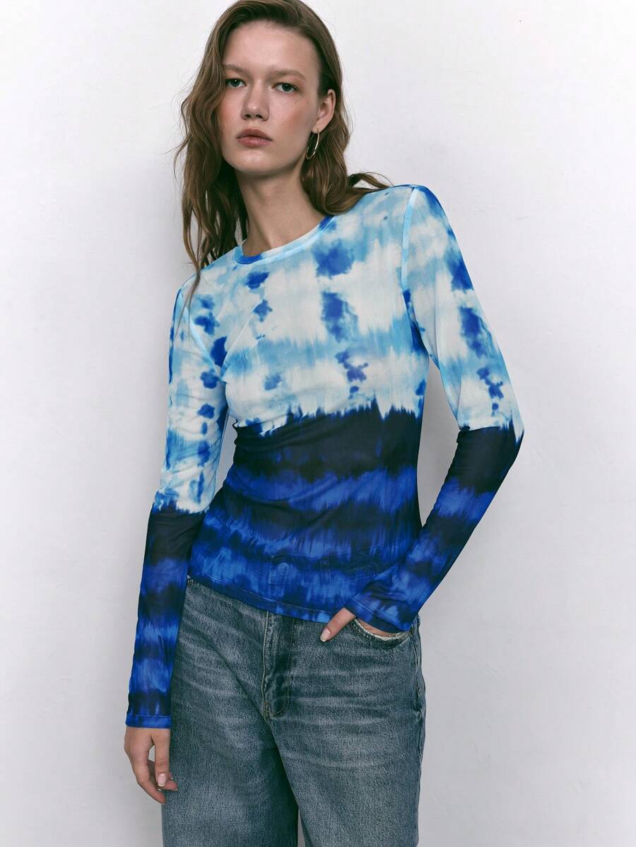 Maija 女士休闲渐变扎染印花圆领长袖上衣，适合秋冬季穿着 - 藍色 - 查看 1