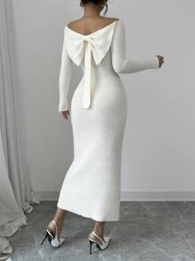 Selianne Women's Solid Color Long Sleeve Off-Shoulder Bowknot Back Fitted Elegant Knit Dress, Autumn - Beige - View 2