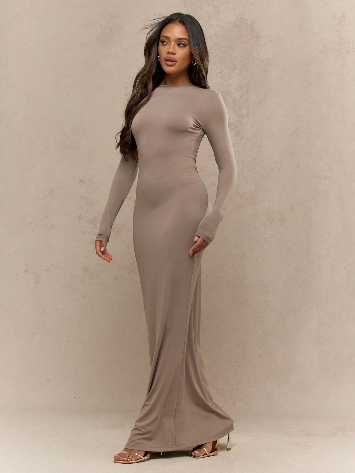 green emerald velvet dress Cream Satin Long Sleeve Maxi Dress main image 1