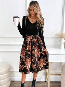 SHEIN Clasi 女士秋冬 V 领花卉印花长袖优雅连衣裙，百搭 - 黑色 - 查看 4