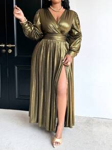 Maweii Đầm Maxi Cổ Chữ V Tay Dài Viền Xẻ Bên Thanh Lịch Cỡ Lớn Cho Nữ, Mùa Xuân Thu Cho Quần Áo Dự Tiệc Năm Mới - Vàng - Xem 1