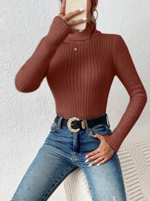 SHEIN Frenchy Turtleneck Ribbed Knit Grain Bodycon Sweater Christmas Winter Casual - Redwood - View 6