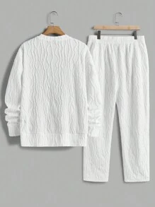 Manfinity VCAY 2 件男士针织休闲宽松长袖运动衫和抽绳腰直筒裤套装，年轻时尚，适合秋冬 - 白色 - 查看 2