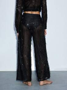 Maija 现代黑色亮片流苏松紧腰带透明亮片装饰派对俱乐部服装阔腿裤，时尚潮流，适合女性，春夏 - 黑色 - 查看 5