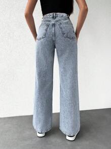EURMUSE Letter Patched Wide Leg Jeans - Rửa nhẹ - Xem 2