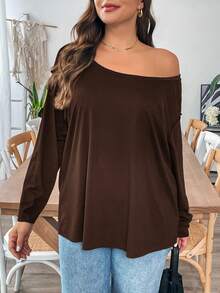 SHEIN Essnce Áo phông nữ tay dài rộng rãi, thoải mái, hở vai màu nâu, áo phông nữ cỡ lớn, trang phục, trang phục mùa thu, áo bất đối xứng, áo nữ, áo có tay, quần áo mùa thu, áo dễ thương, áo cong, áo rộng thùng thình - Màu nâu Sô-cô-la - Xem 7