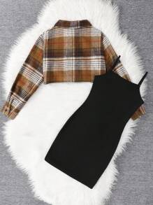 SHEIN Tween Girl Plaid Button-Up Shirt And Fitted Strap Dress 2pcs Set