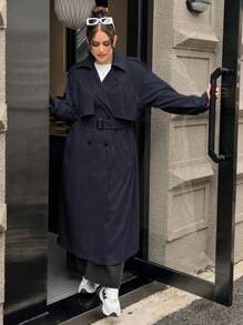 CovetEZ Trench-coat long de couleur kaki pour les grandes tailles, idéal pour le début de l'automne - Bleu marine - Voir 7