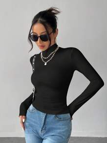 SHEIN PETITE Solid Color Slim High Collar Long Sleeve White Top - Black - View 3