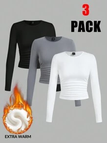 SHEIN EZwear 3 件装纯色薄羊毛褶皱腰基本款女式 T 恤 - 彩色 - 查看 1