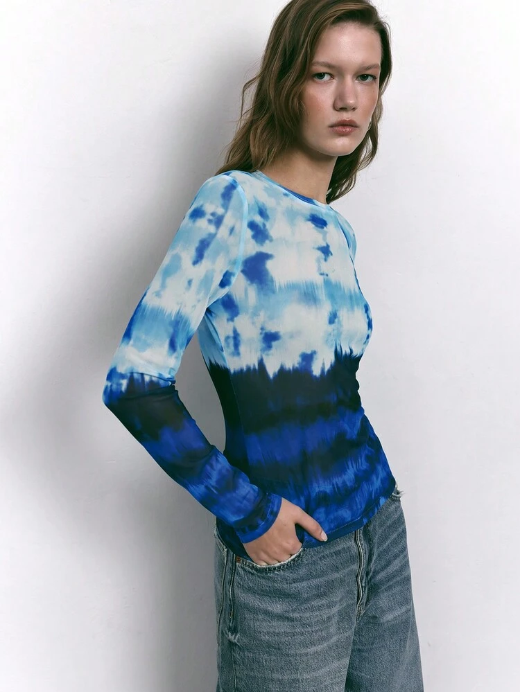 SHEIN Maija Women's Casual Gradient Tie-Dye Printed Crew Neck Long Sleeve Top, Versatile For Autumn/Winter