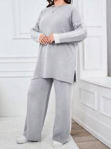 EURMUSE Plus Size Sweater And Pants Two-Piece Set With Raglan Sleeve, For Winter - Light Grey - View 3