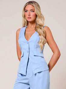 SHEIN SXY 秋冬蓝色条纹纽扣背心女式外套 - 藍色 - 查看 6