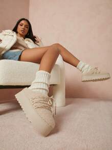 SHUZIA 女士可爱日常羊羔绒毛系带米色平底纯色鞋底凉鞋圣诞假期秋冬季度假氛围 - 卡其色 - 查看 6