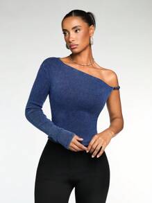 SHEIN BAE 1 件女式牛仔蓝色不对称领口修身衬衫、长袖上衣、保暖衬衫、性感长袖上衣、高弹力上衣 - 深色水洗藍 - 查看 5