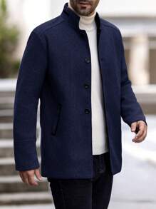 Manfinity Homme Chaqueta casual de cuello alto, abotonadura sencilla y manga larga para hombre para otoño/invierno, tipo abrigo marinero