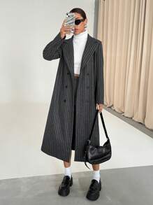 Flirla Minimalist Versatile Commute Casual Contrast Collar Open Front Striped Overcoat, Thick Warm High-Grade Outerwear For Women, Autumn/Winter Fall Cloth For Women - Dark Grey - View 3