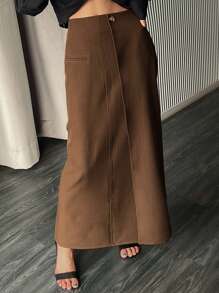 DAZY Chân váy xẻ tà bất đối xứng màu trơn có túi dành cho nữ, mùa thu đông. - màu nâu - Xem 7