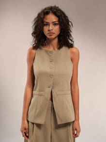 Forever 21 Ladies Solid Button Up Blazer Vest - Khaki - View 5