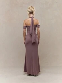 MISSGUIDED 平纹针织挂脖式领口结饰腰部露肩长裙 - 摩卡棕 - 查看 2