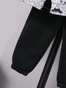 2 件装年轻男孩休闲可爱恐龙印花保暖内衬长袖 Polo 衫和运动裤套装，适合秋冬季 - 黑與白 - 查看 8