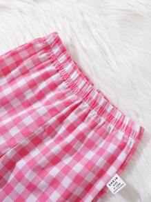 Baby Girl Plaid Print Bow Front 2 In 1 Tee & Flare Leg Pants & Headband 3pcs Daily Wear Set - Pink - View 7