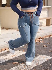 SHEIN EZwear Plus Size Women Casual Knotted Waist Raw Hem Flared Jeans - Medium Wash - View 6